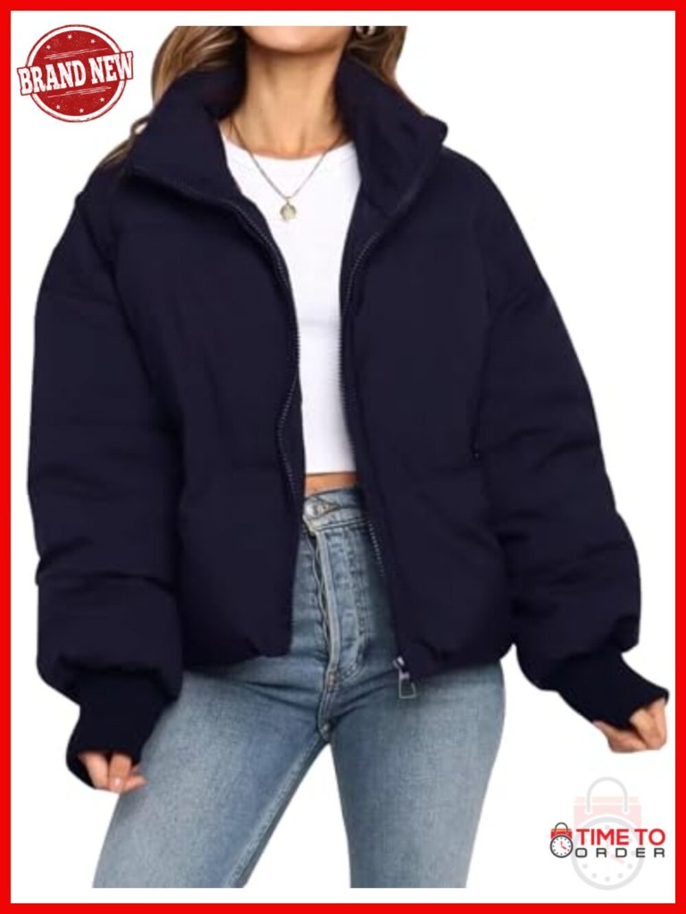 Cropped Puffer Jacket Short Warm Quilted Winter Coat with Stand Collar